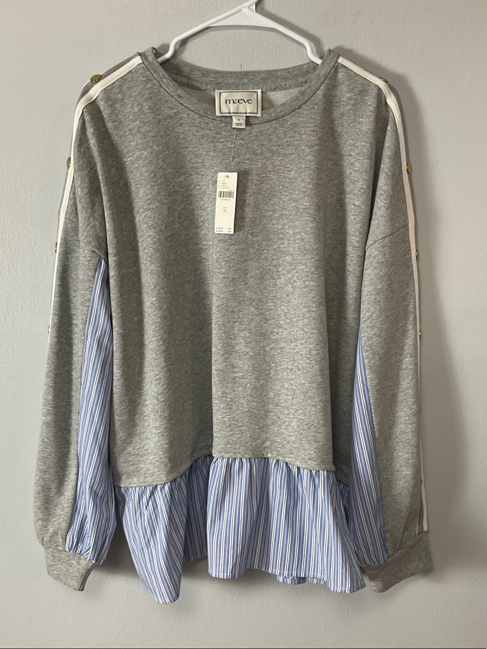 NWT Anthropologie Maeve Mixed Media Button Sleeve Sweatshirt XL Grey Stripe - Picture 4 of 6